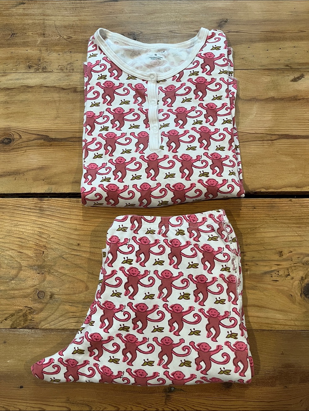 ROLLER RABBIT S Monkey Print Pajama Set Long Sleeve Henley Comfy Cotton